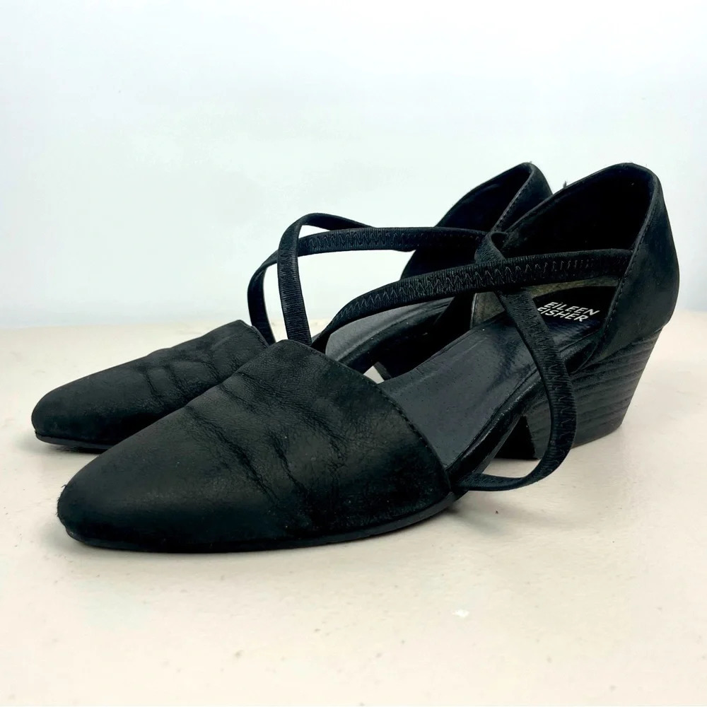 Eileen Fisher Black Poet Crisscross‎ Strap Pointed Toe Stacked Heel